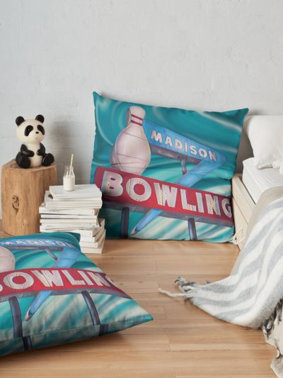 Historic Madison Bowling Alley Sign Throw Pillow Official Bowling Merch